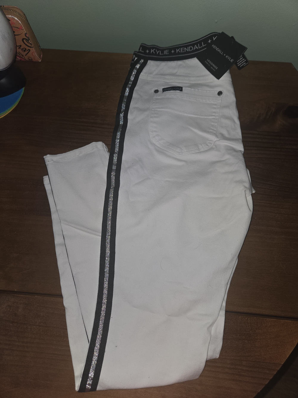 Kendall & Kylie White Leggings with Black Side Stripe and Silver Trim